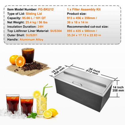 36"x18"x14" Drop in Ice Chest Ice Cooler Ice Bin Stainless steel with lid