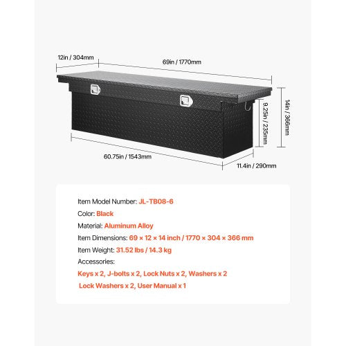 Crossover Verktygslåda 69x12x14 Tum Robust Aluminium Verktygslåda för Lastbilsflak