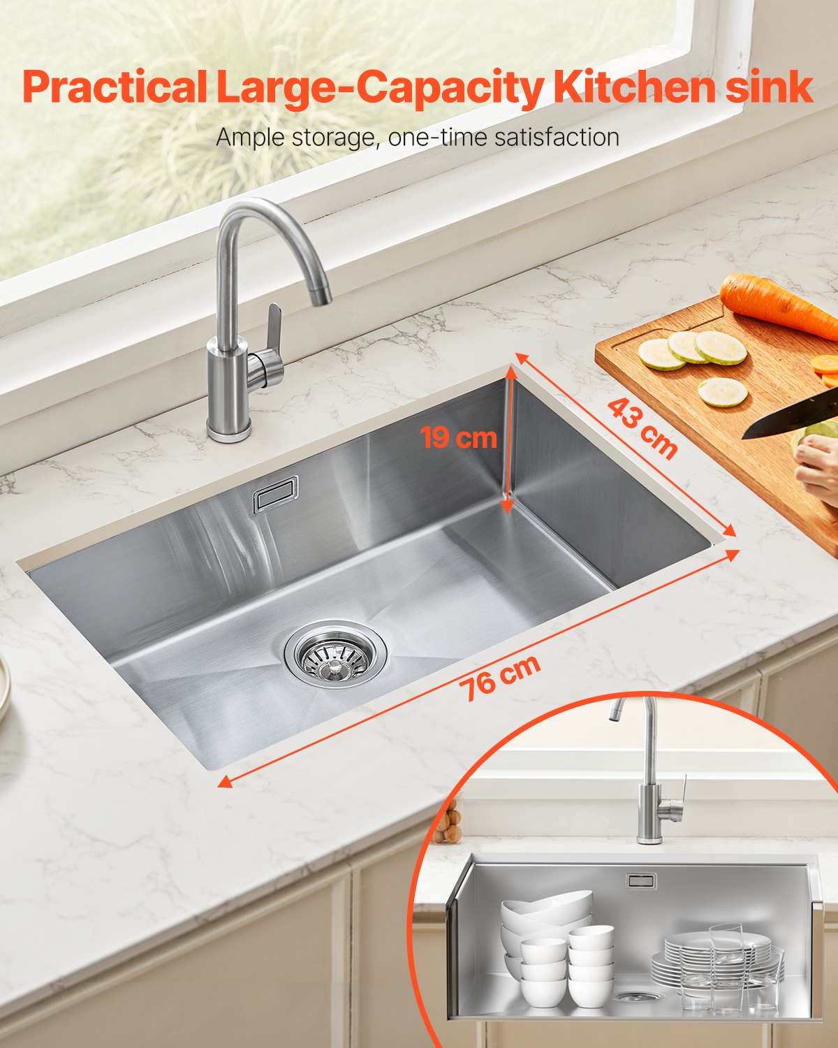 76cm Diskbänk Undermonterad Enkelskål Drop-In Basin Rostfri stålstång