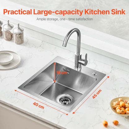 40cm Sink Top Mount Single Bowl Drop-In Basin Stainless Steel Bar