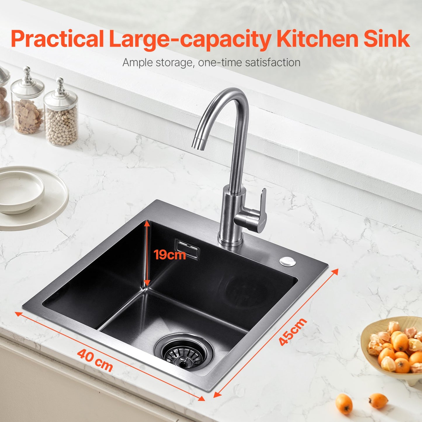 40cm Sink Topmount Single Bowl Drop-In Basin Stainless Steel Black