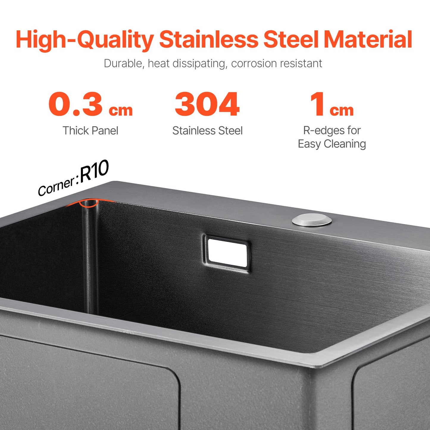 40cm Sink Topmount Single Bowl Drop-In Basin Stainless Steel Black