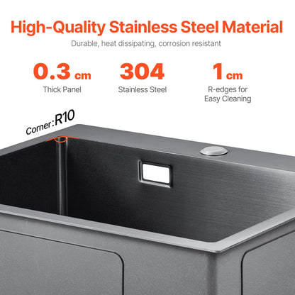 40cm Sink Topmount Single Bowl Drop-In Basin Stainless Steel Black