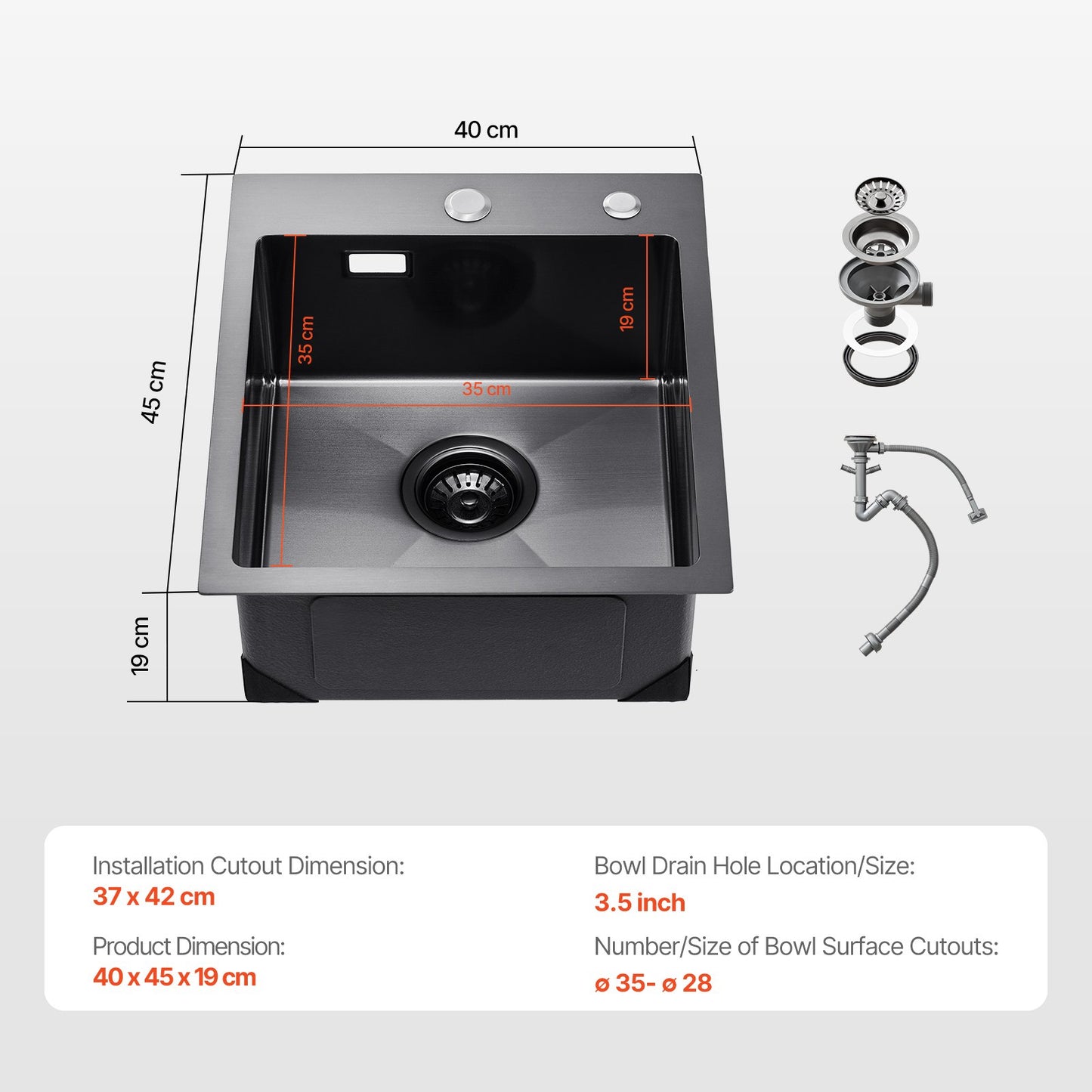 40cm Sink Topmount Single Bowl Drop-In Basin Stainless Steel Black
