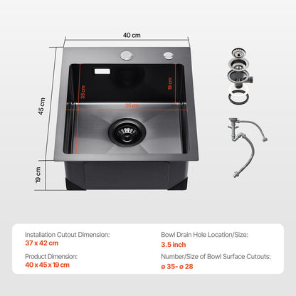 40cm Sink Topmount Single Bowl Drop-In Basin Stainless Steel Black