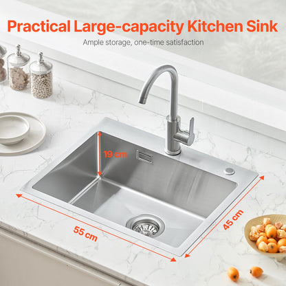 55 cm Diskbänk Top Mount Single Bowl Drop-In Basin Rostfri stålstång