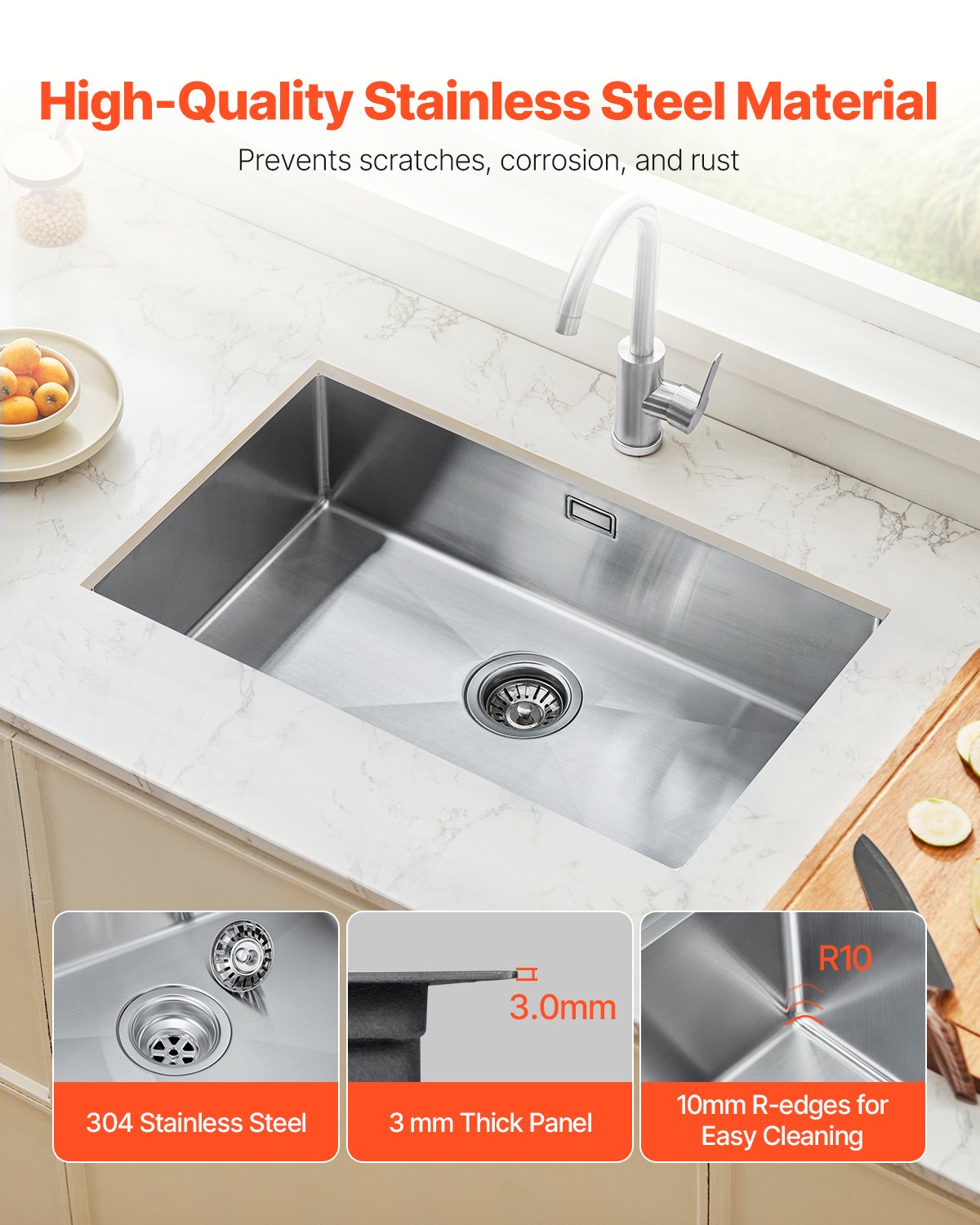 70cm Köksdiskbänk Undermonterad Enkelskål Drop-In Basin Rostfritt stålstång