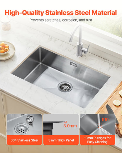 70cm Köksdiskbänk Undermonterad Enkelskål Drop-In Basin Rostfritt stålstång