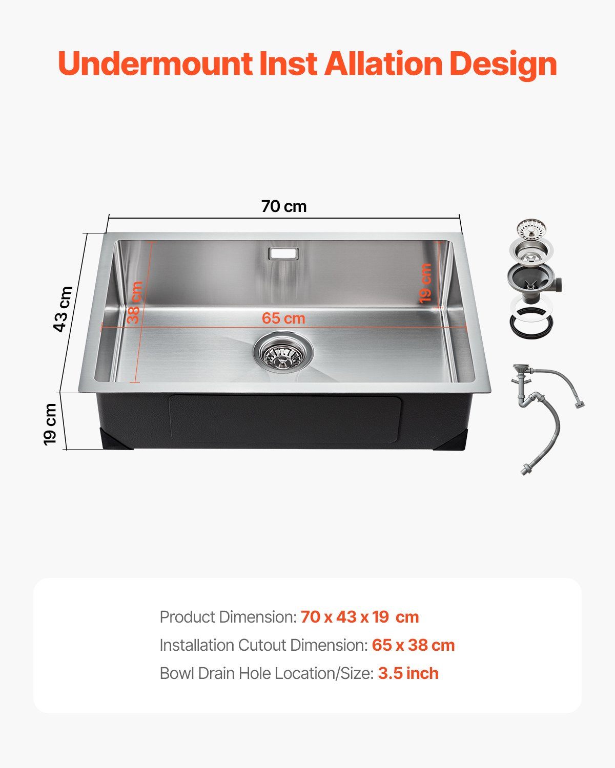 70cm Köksdiskbänk Undermonterad Enkelskål Drop-In Basin Rostfritt stålstång