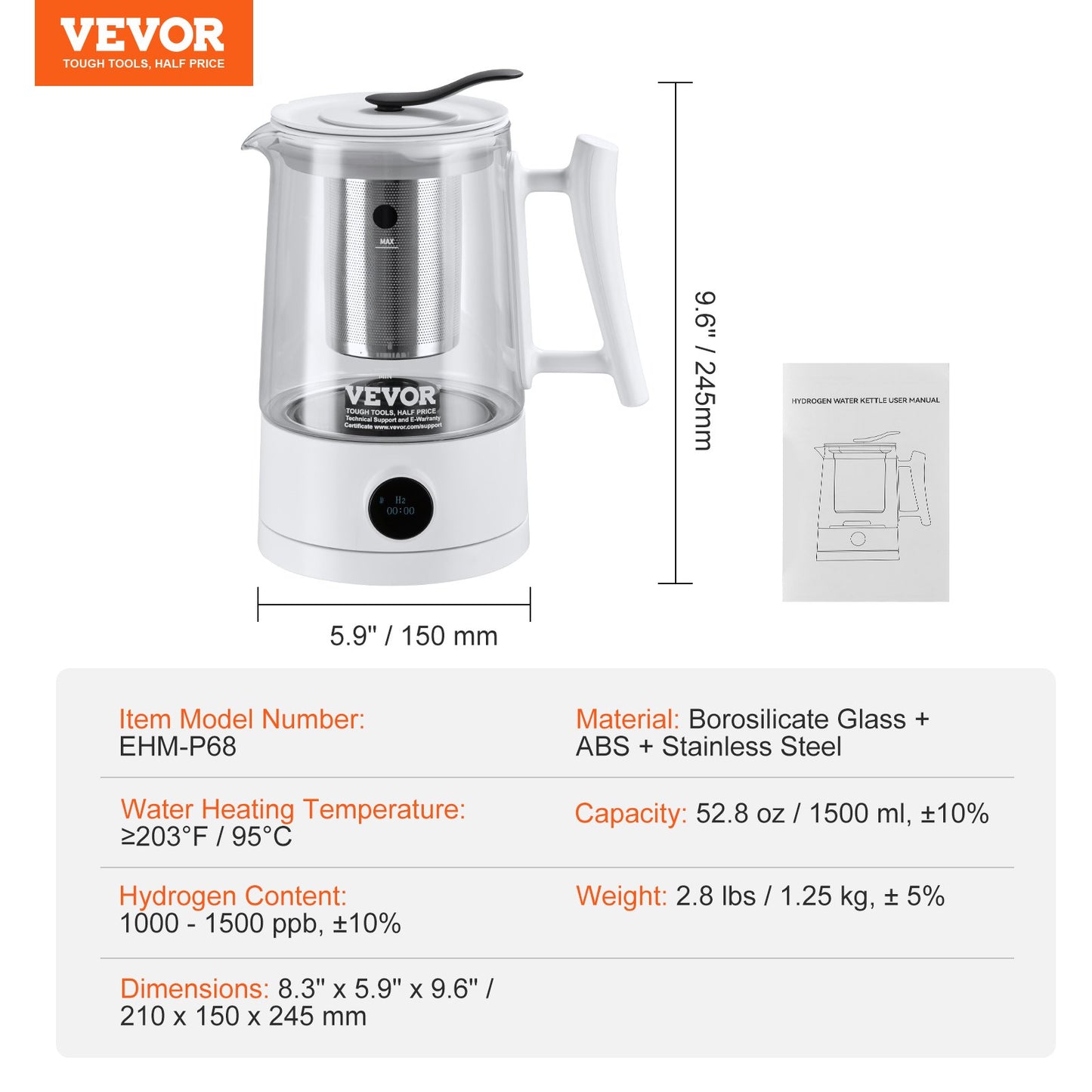 Hydrogen Water Pitcher Generator, 1,5 L / 52,8 oz vätegenerator med stor kapacitet Vattenkokare, SPE- och PEM-teknik, väterik vattenjonisator för att brygga kaffe eller te