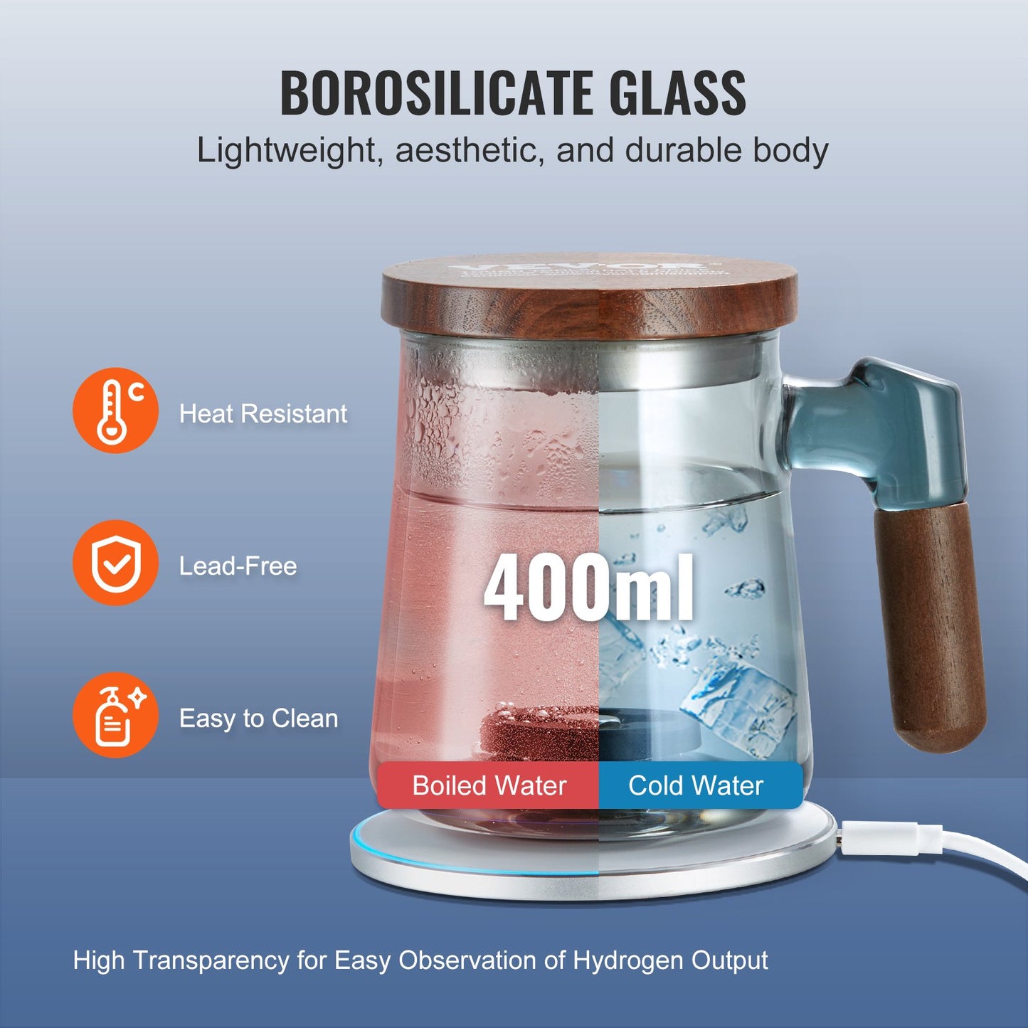 Hydrogen Water Cup, 400 ml / 14,1 oz Hydrogen Generator, SPE Technology Portable Hydrogen Water Ionizer Machine med trådlös laddningsbas, väterik vattenflaska Glas Health Cup