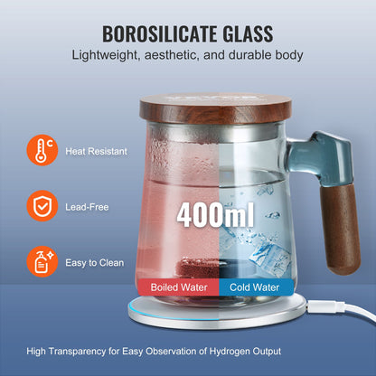 Hydrogen Water Cup, 400 ml / 14,1 oz Hydrogen Generator, SPE Technology Portable Hydrogen Water Ionizer Machine med trådlös laddningsbas, väterik vattenflaska Glas Health Cup