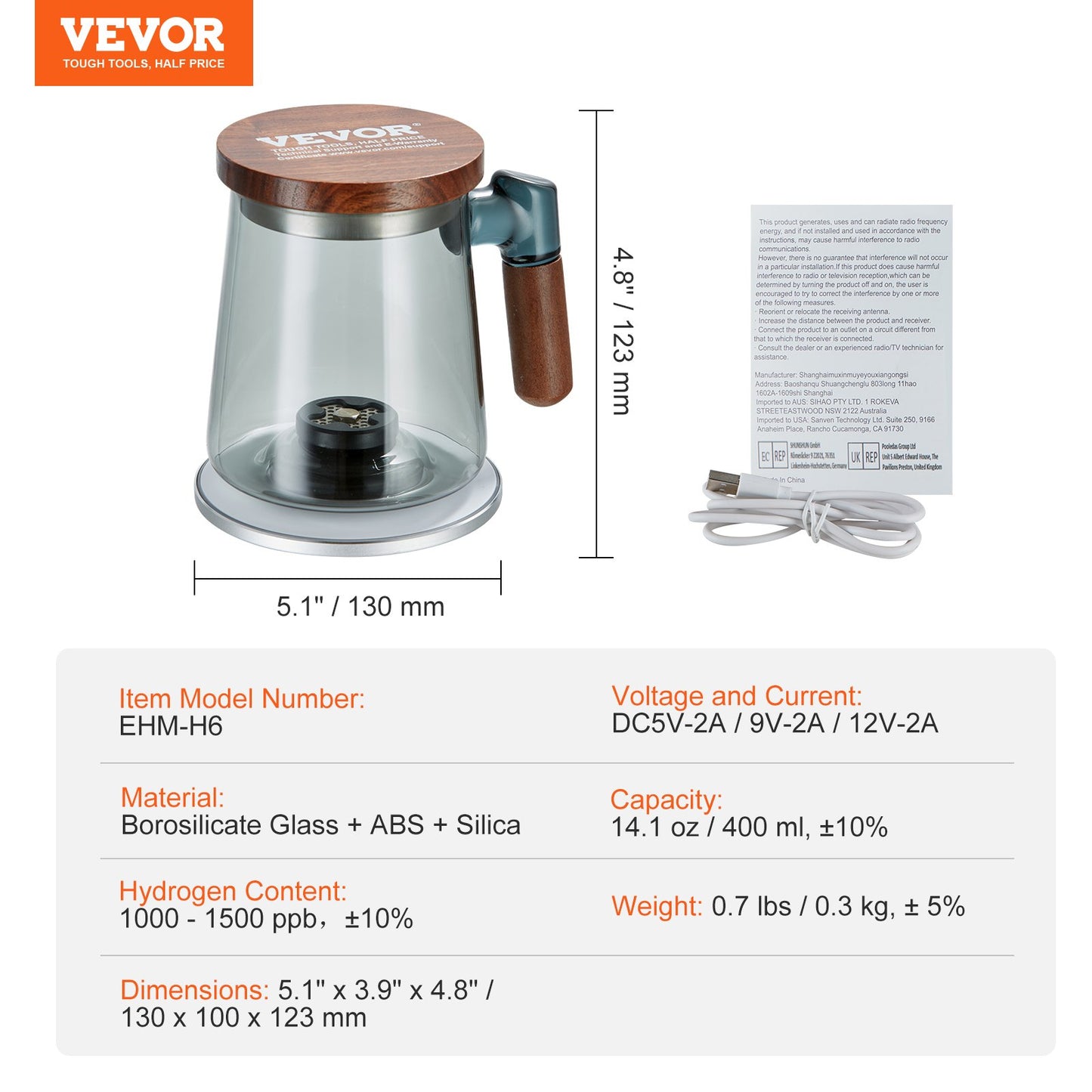 Hydrogen Water Cup, 400 ml / 14,1 oz Hydrogen Generator, SPE Technology Portable Hydrogen Water Ionizer Machine med trådlös laddningsbas, väterik vattenflaska Glas Health Cup