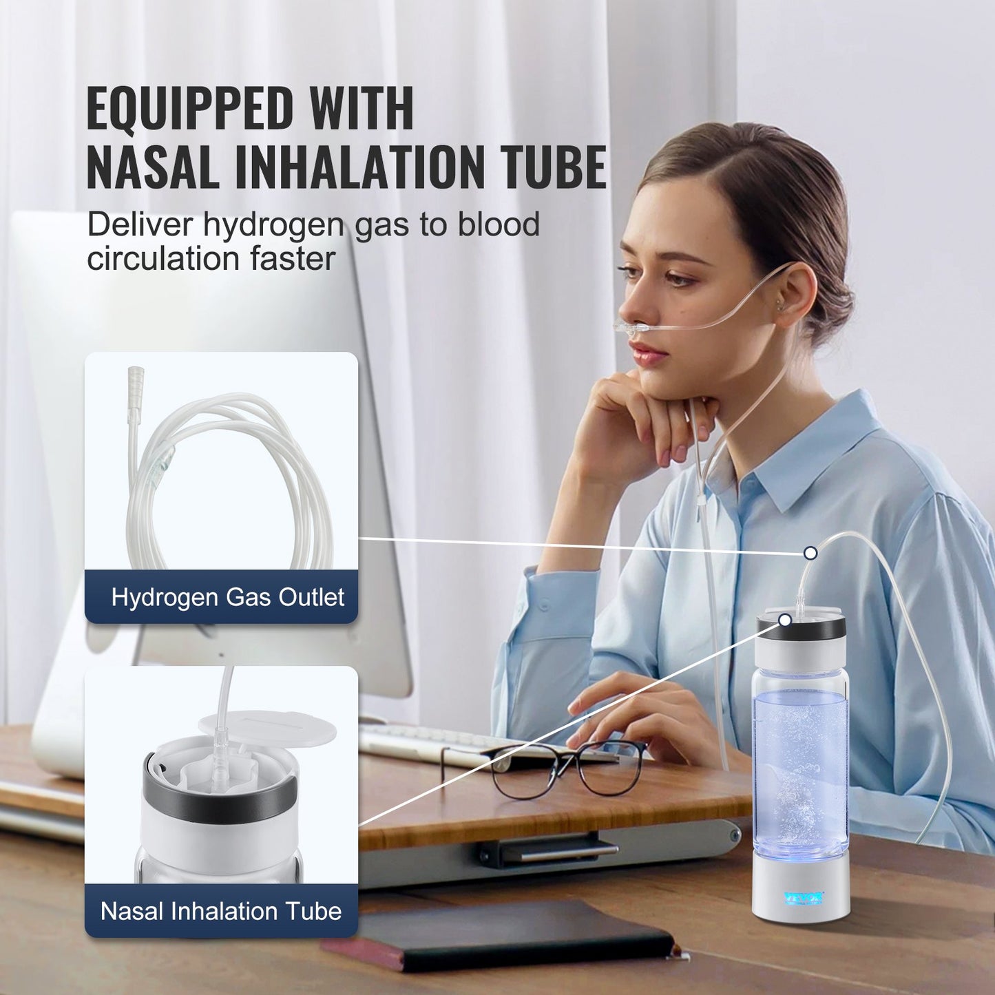 Hydrogen Water Bottle Generator, 380 ml / 13,4 oz Kapacitet Bärbar Hydrogen Water Maker, SPE Technology Hydrogen Rich Water Ionizer Machine med Nasal Inhalationsslang och självrengörande