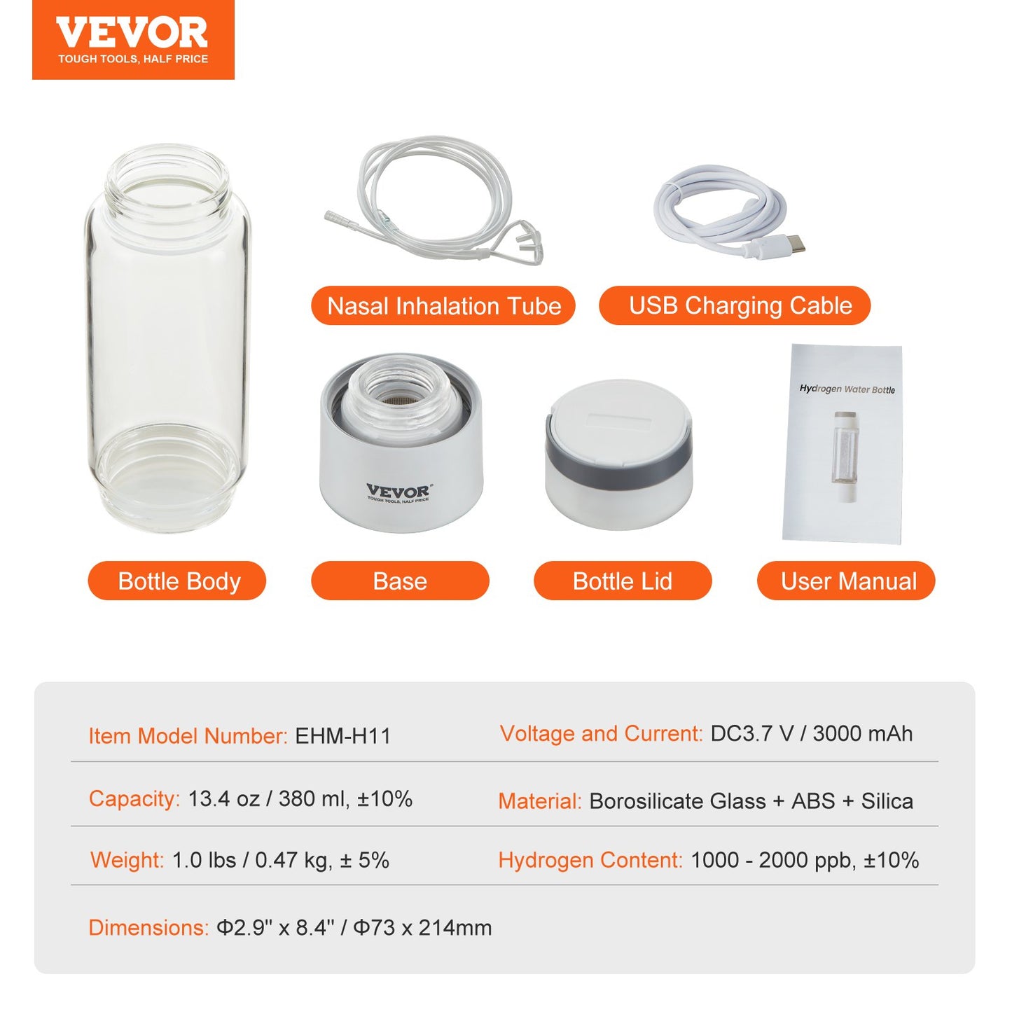 Hydrogen Water Bottle Generator, 380 ml / 13,4 oz Kapacitet Bärbar Hydrogen Water Maker, SPE Technology Hydrogen Rich Water Ionizer Machine med Nasal Inhalationsslang och självrengörande