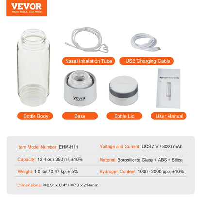 Hydrogen Water Bottle Generator, 380 ml / 13,4 oz Kapacitet Bärbar Hydrogen Water Maker, SPE Technology Hydrogen Rich Water Ionizer Machine med Nasal Inhalationsslang och självrengörande