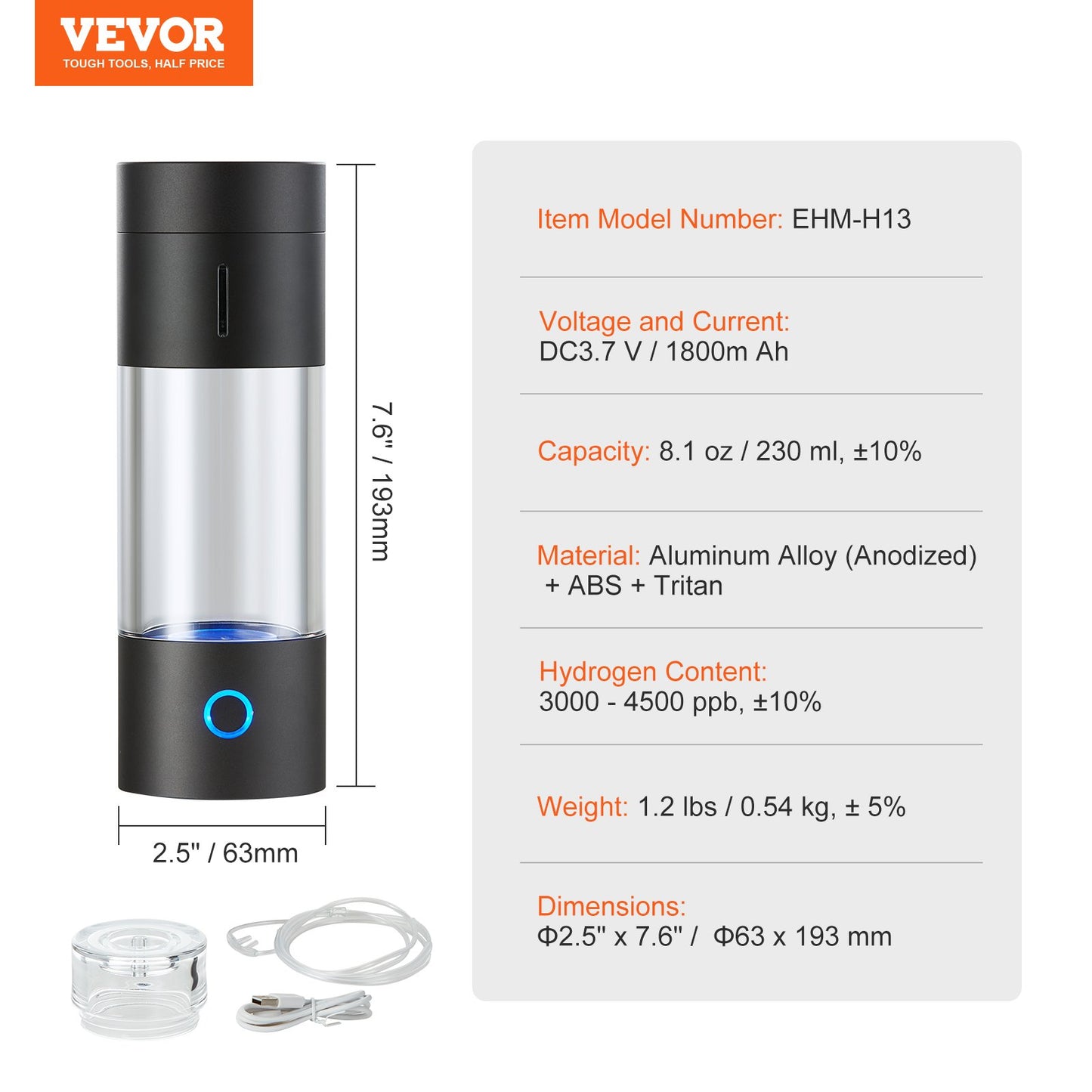 Hydrogen Water Bottle Generator, 230 ml / 8,1 oz Kapacitet Bärbar Hydrogen Water Maker, SPE Technology Hydrogen Rich Water Ionizer Machine med Nasal Inhalationsslang och självrengörande