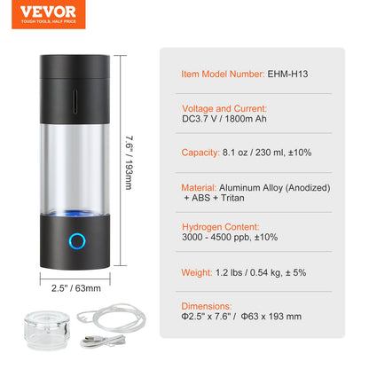 Hydrogen Water Bottle Generator, 230 ml / 8,1 oz Kapacitet Bärbar Hydrogen Water Maker, SPE Technology Hydrogen Rich Water Ionizer Machine med Nasal Inhalationsslang och självrengörande