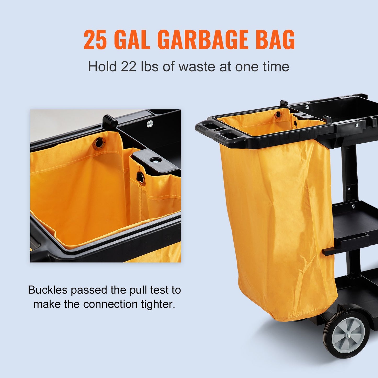 Städvagn, kommersiell vaktvagn med 3 hyllor, 200 lbs kapacitet hushållsvagn i plast, med 25 gallon PVC-påse, 47" x 20" x 38,6", gul+svart