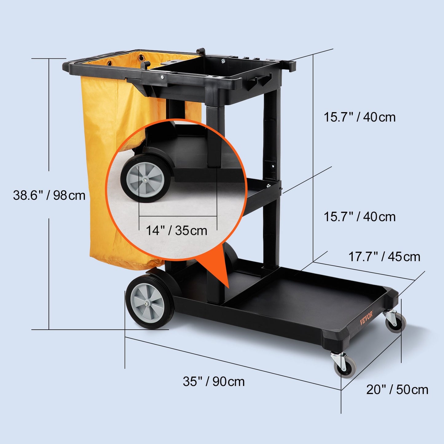 Städvagn, kommersiell vaktvagn med 3 hyllor, 200 lbs kapacitet hushållsvagn i plast, med 25 gallon PVC-påse, 47" x 20" x 38,6", gul+svart
