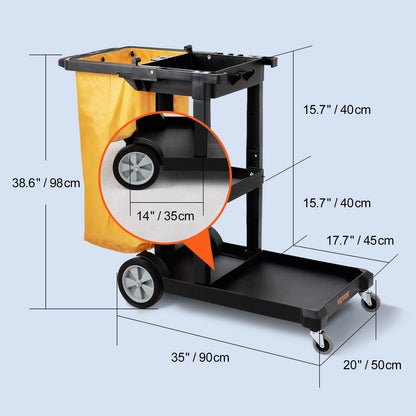 Städvagn, kommersiell vaktvagn med 3 hyllor, 200 lbs kapacitet hushållsvagn i plast, med 25 gallon PVC-påse, 47" x 20" x 38,6", gul+svart