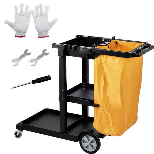 Städvagn, kommersiell vaktvagn med 3 hyllor, 200 lbs kapacitet hushållsvagn i plast, med 25 gallon PVC-påse, 47" x 20" x 38,6", gul+svart