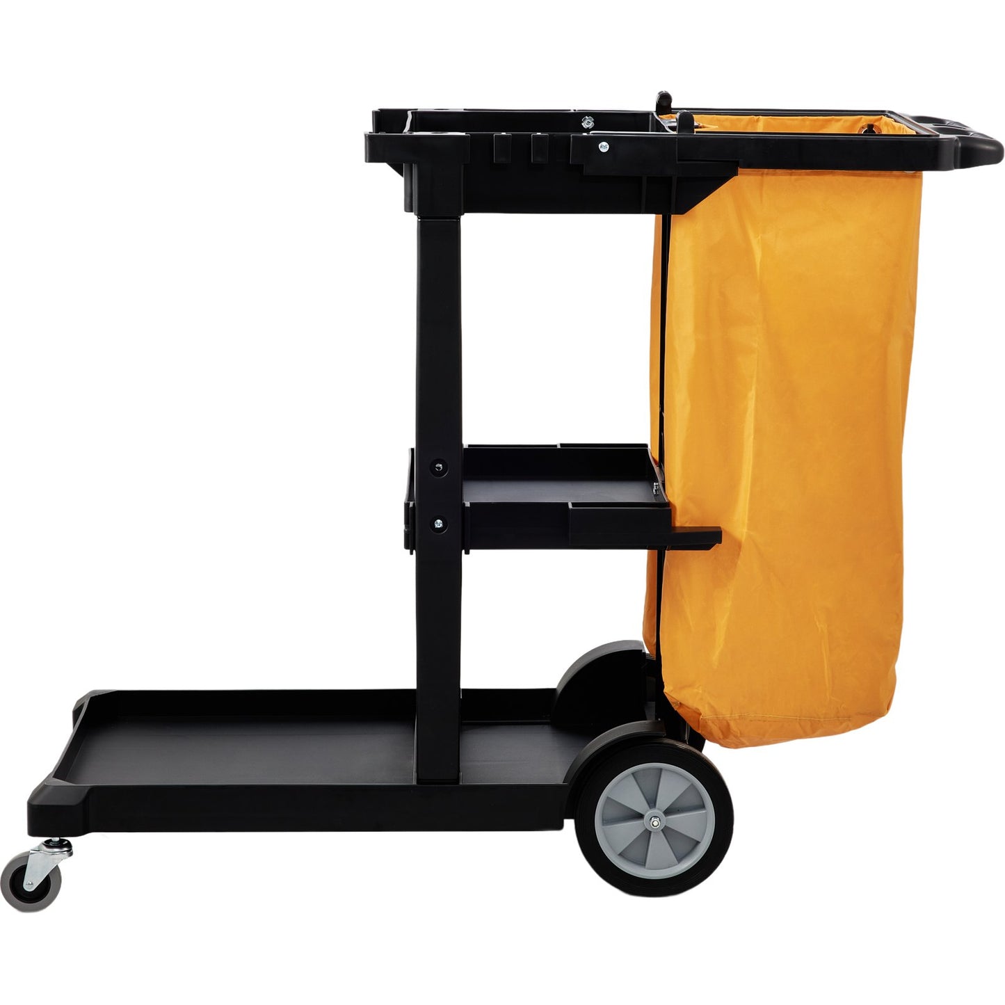 Städvagn, kommersiell vaktvagn med 3 hyllor, 200 lbs kapacitet hushållsvagn i plast, med 25 gallon PVC-påse, 47" x 20" x 38,6", gul+svart