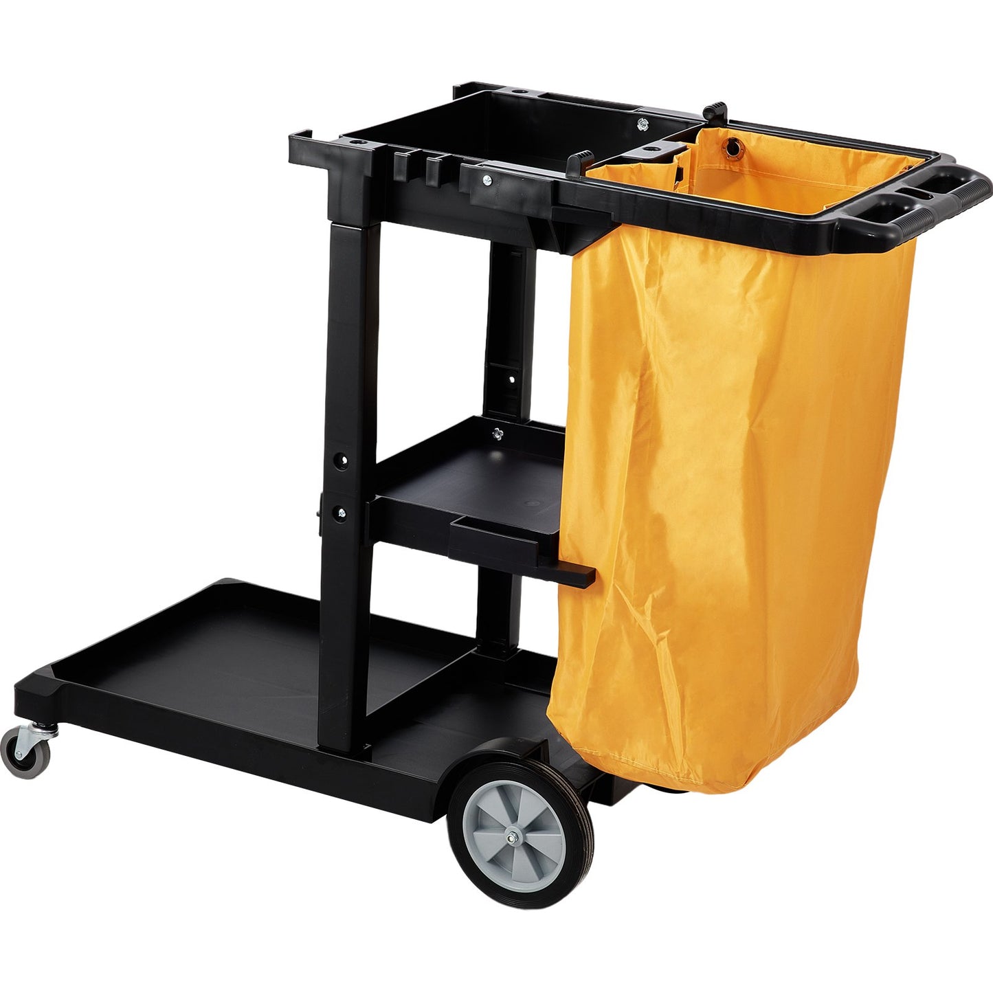 Städvagn, kommersiell vaktvagn med 3 hyllor, 200 lbs kapacitet hushållsvagn i plast, med 25 gallon PVC-påse, 47" x 20" x 38,6", gul+svart