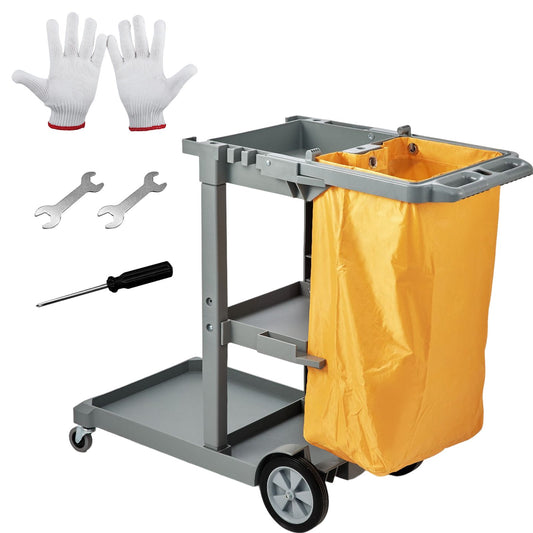 Städvagn, kommersiell vaktvagn med 3 hyllor, 200 lbs kapacitet hushållsvagn i plast, med 25 gallon PVC-påse, 47" x 20" x 38,6", gul+grå