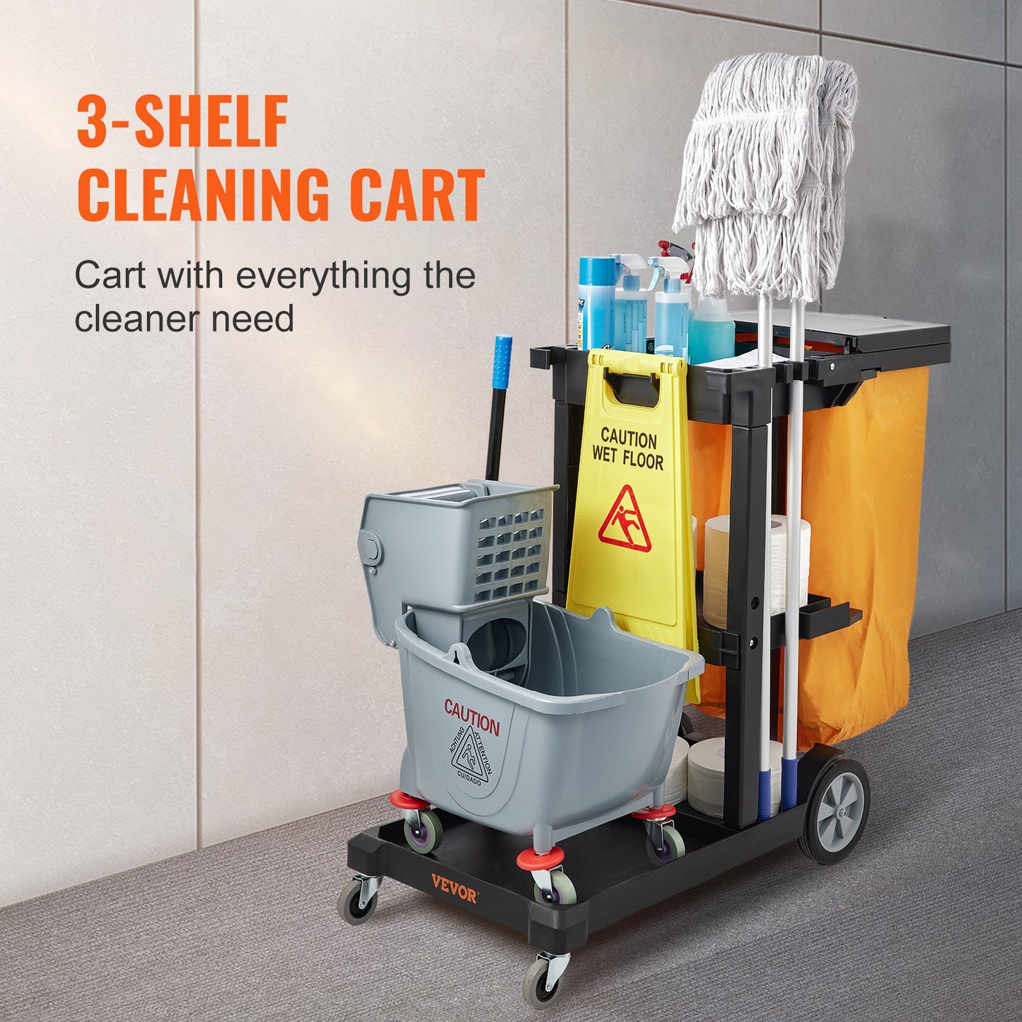 Städvagn, kommersiell vaktmästarvagn med 3 hyllor, 200 lbs kapacitet hushållsvagn i plast, med 25 gallon PVC-påse och lock, 47" x 20" x 38,6", gul+svart