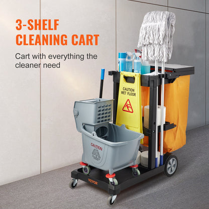 Städvagn, kommersiell vaktmästarvagn med 3 hyllor, 200 lbs kapacitet hushållsvagn i plast, med 25 gallon PVC-påse och lock, 47" x 20" x 38,6", gul+svart