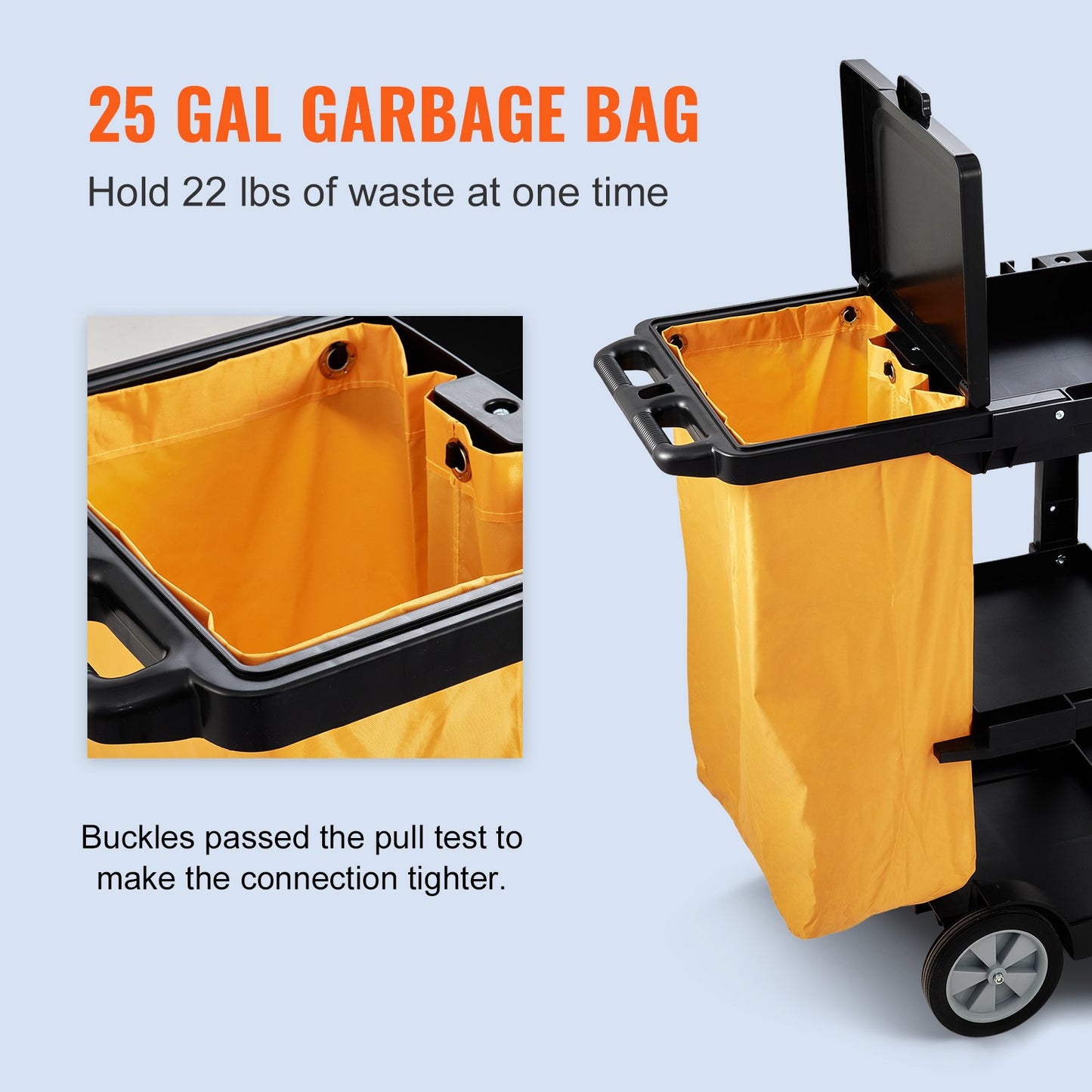 Städvagn, kommersiell vaktmästarvagn med 3 hyllor, 200 lbs kapacitet hushållsvagn i plast, med 25 gallon PVC-påse och lock, 47" x 20" x 38,6", gul+svart