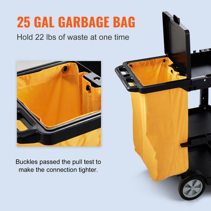 Städvagn, kommersiell vaktmästarvagn med 3 hyllor, 200 lbs kapacitet hushållsvagn i plast, med 25 gallon PVC-påse och lock, 47" x 20" x 38,6", gul+svart