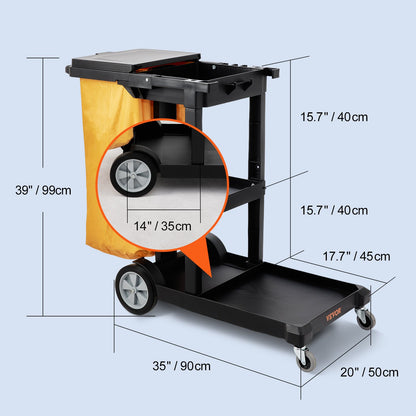 Städvagn, kommersiell vaktmästarvagn med 3 hyllor, 200 lbs kapacitet hushållsvagn i plast, med 25 gallon PVC-påse och lock, 47" x 20" x 38,6", gul+svart