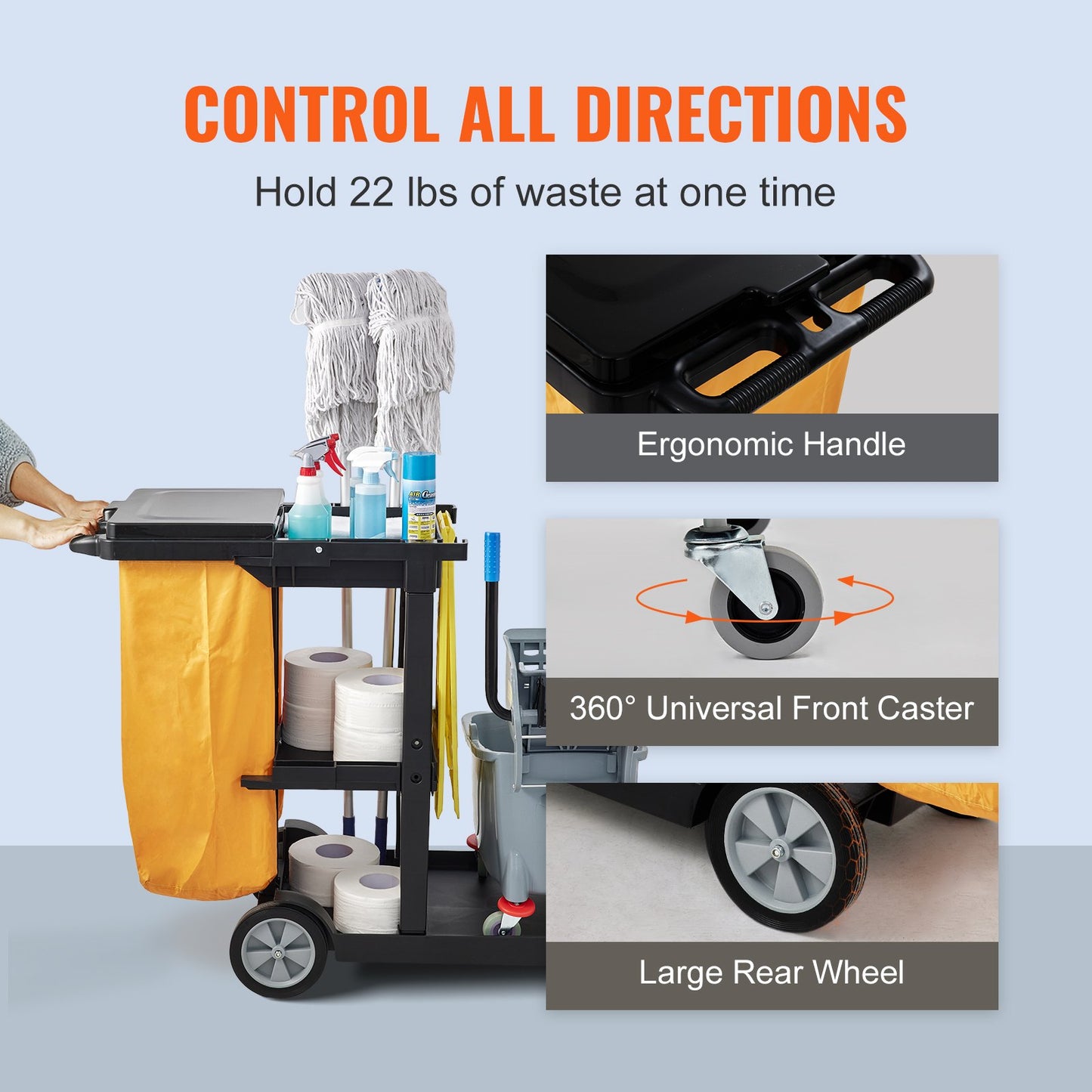 Städvagn, kommersiell vaktmästarvagn med 3 hyllor, 200 lbs kapacitet hushållsvagn i plast, med 25 gallon PVC-påse och lock, 47" x 20" x 38,6", gul+svart