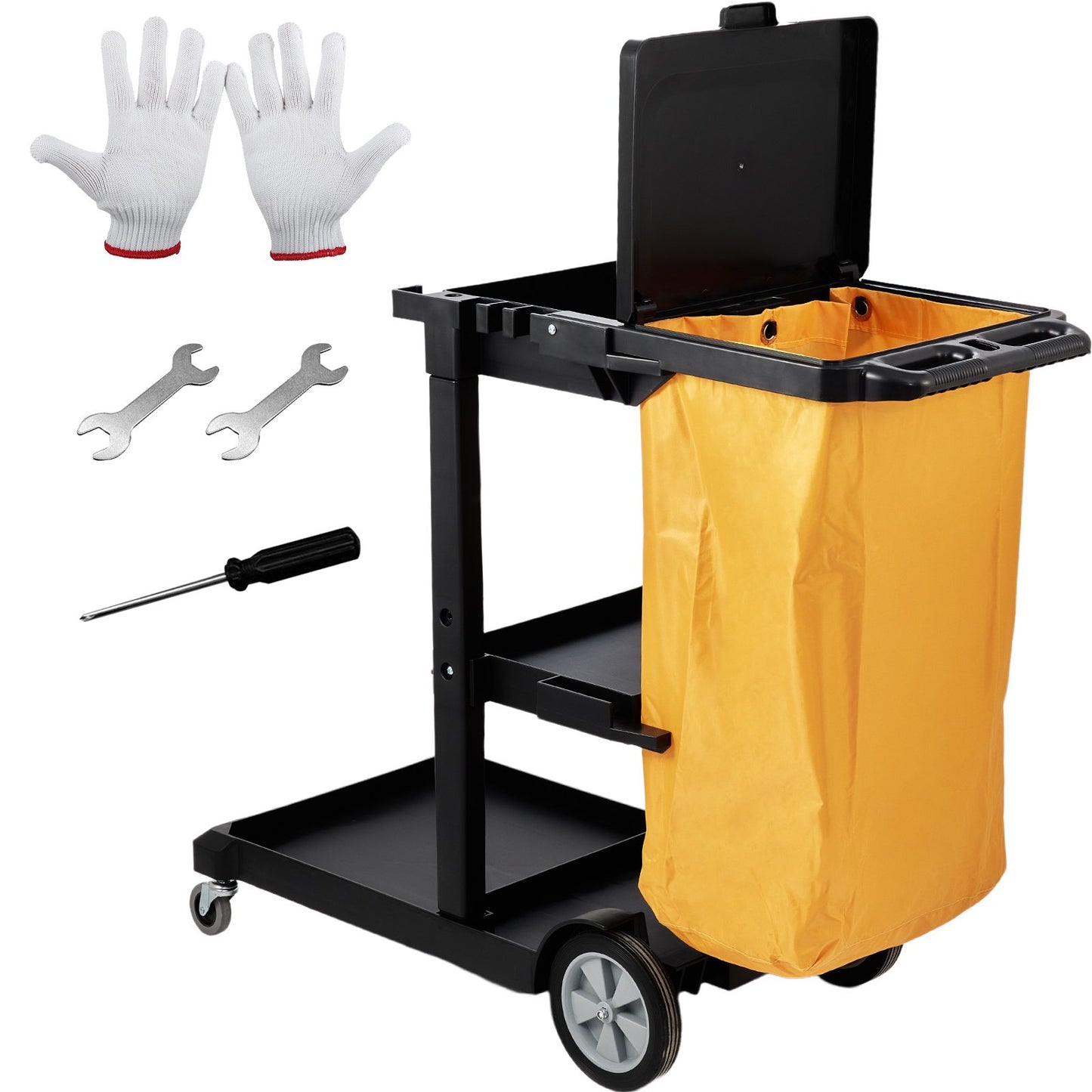 Städvagn, kommersiell vaktmästarvagn med 3 hyllor, 200 lbs kapacitet hushållsvagn i plast, med 25 gallon PVC-påse och lock, 47" x 20" x 38,6", gul+svart