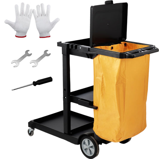 Städvagn, kommersiell vaktmästarvagn med 3 hyllor, 200 lbs kapacitet hushållsvagn i plast, med 25 gallon PVC-påse och lock, 47" x 20" x 38,6", gul+svart