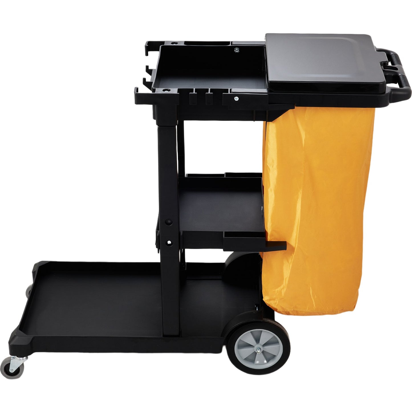 Städvagn, kommersiell vaktmästarvagn med 3 hyllor, 200 lbs kapacitet hushållsvagn i plast, med 25 gallon PVC-påse och lock, 47" x 20" x 38,6", gul+svart