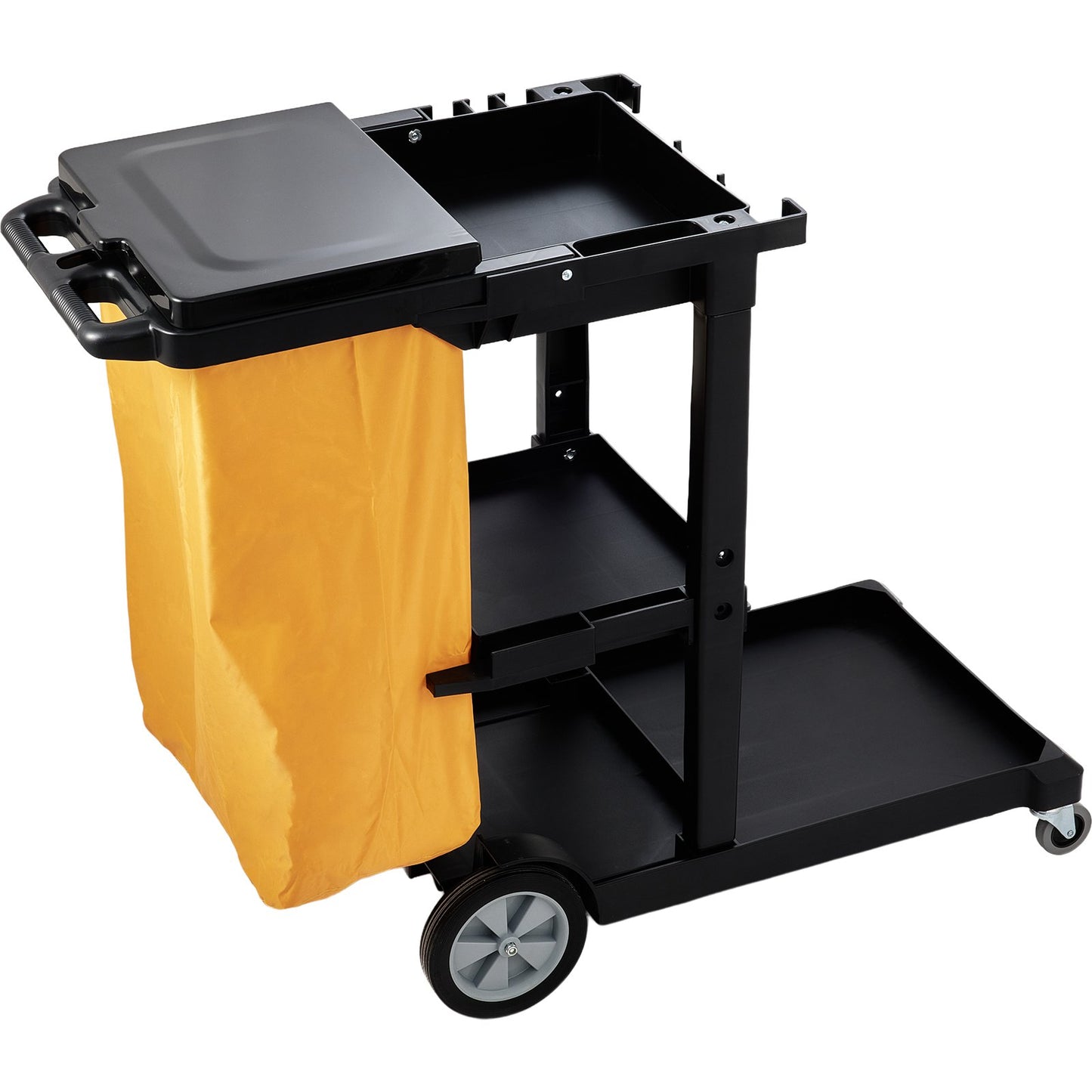 Städvagn, kommersiell vaktmästarvagn med 3 hyllor, 200 lbs kapacitet hushållsvagn i plast, med 25 gallon PVC-påse och lock, 47" x 20" x 38,6", gul+svart