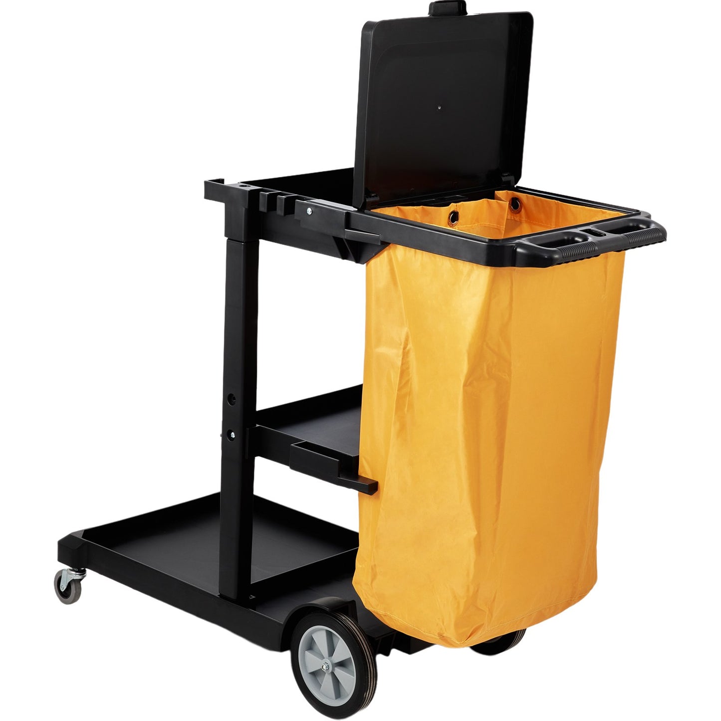 Städvagn, kommersiell vaktmästarvagn med 3 hyllor, 200 lbs kapacitet hushållsvagn i plast, med 25 gallon PVC-påse och lock, 47" x 20" x 38,6", gul+svart