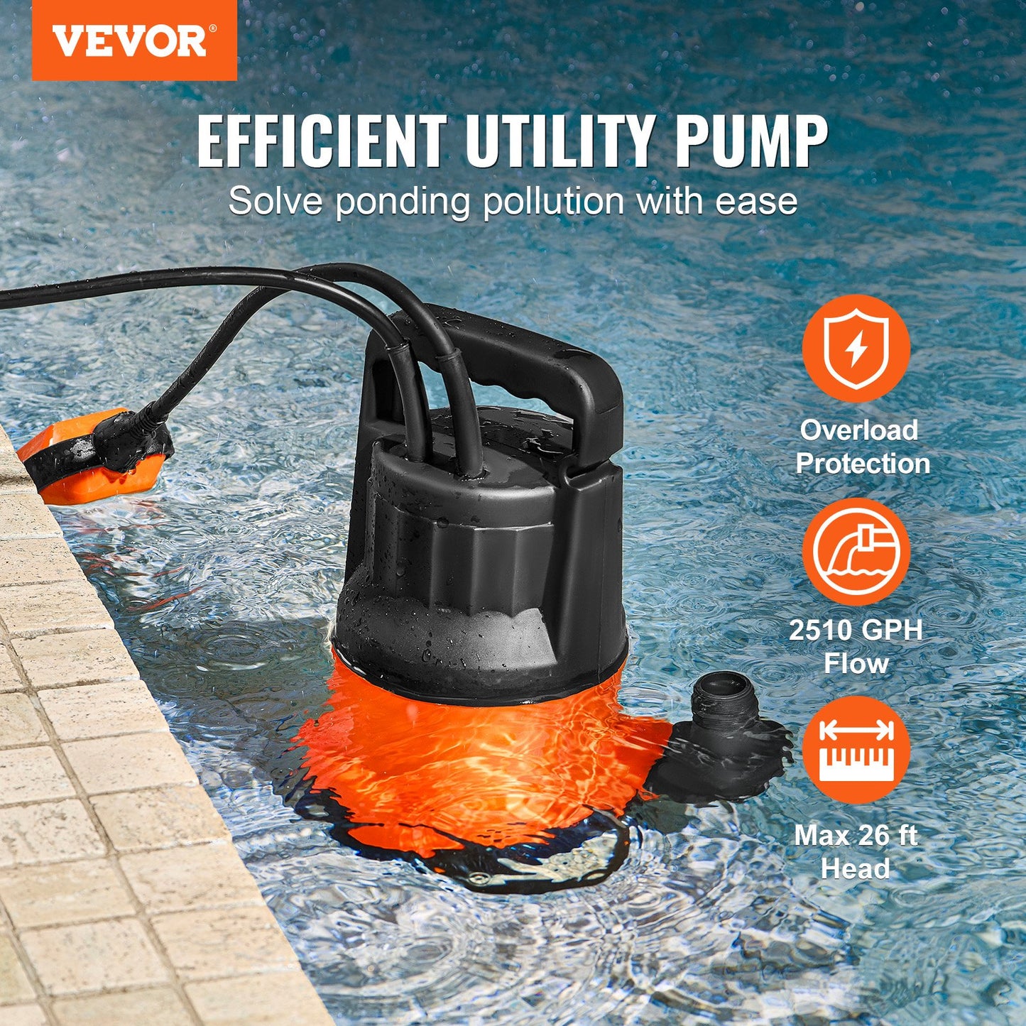 Submersible Utility Pump Sump Pump 400W 2510 GPH 26 ft Head Water Pump