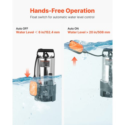 710W dränkbar sumppump, 20000 l/h, dränkbar avloppspump i rostfritt stål för smutsigt rent vatten med automatisk flottörbrytare, lång sladd, 9 m maxlyft, för pooler, trädgård, dammar, översvämmade områden |  EU