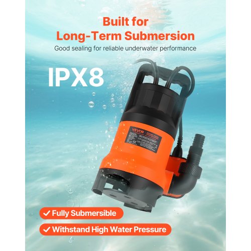 650W dränkbar sumppump, 15000 l/h, PP-GF20 dränkbar avloppspump för smutsigt rent vatten med automatisk flottörbrytare, lång sladd, 8 m maxlyft, för pooler, trädgård, dammar, översvämmade områden |  EU