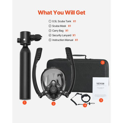 0,5 L Scuba Tank 32,81 ft Dykdjup Lungtank Kit med snorkelmask |  EU
