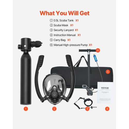 0,5 L Scuba Tank 32,81 ft Dykdjup Bärbar dykartank med pump |  EU