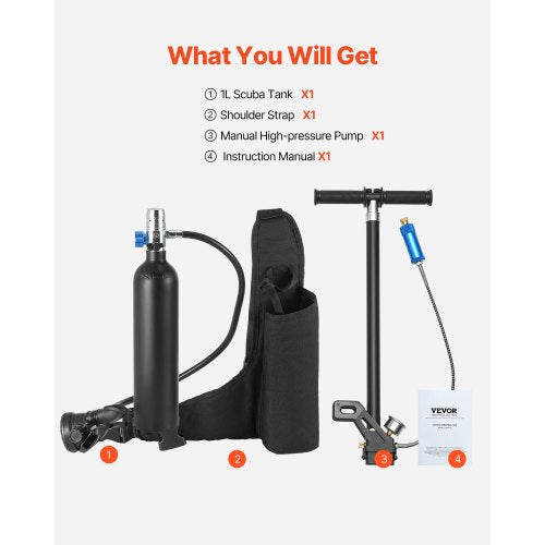 1L Scuba Tank 98.43 Feet Diving Depth Refillable Snorkel Air Bottle with Pump | EU