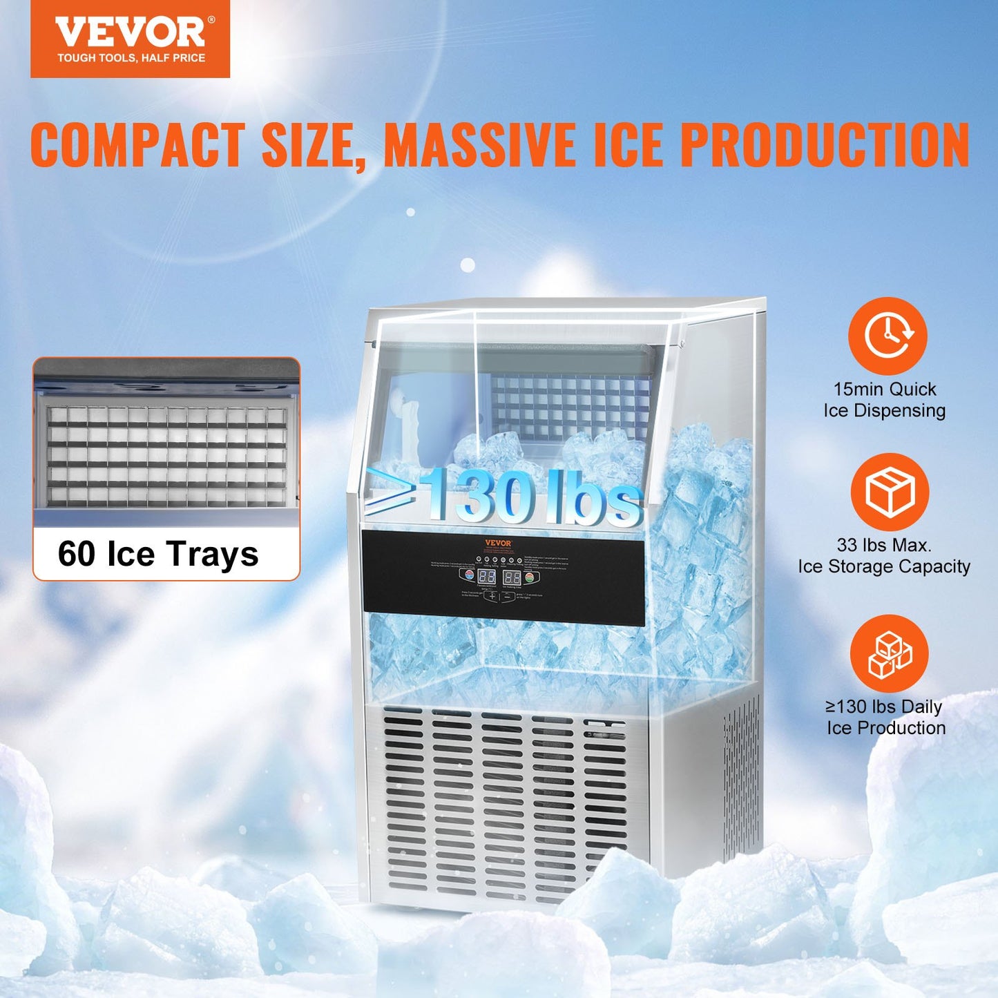 Kommerzielle Eismaschine, freistehende Kabinettmaschine, 130lbs/24H, 60 Eiswürfel