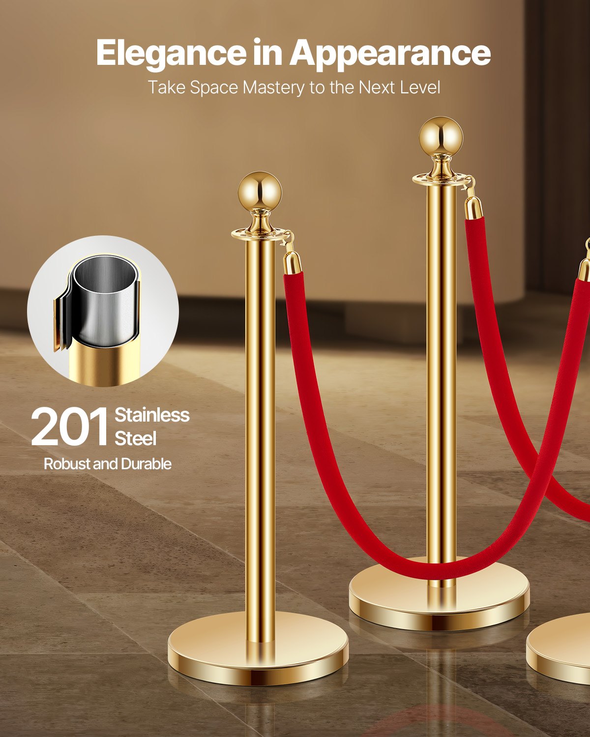8pcs Gold Pole Post 6 Red Velvet Ropes Sand Injection Hollow Base