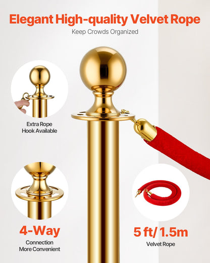 8pcs Gold Pole Post 6 Red Velvet Ropes Sand Injection Hollow Base
