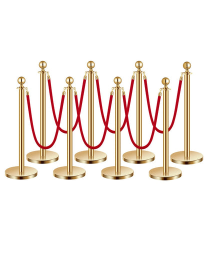 8pcs Gold Pole Post 6 Red Velvet Ropes Sand Injection Hollow Base